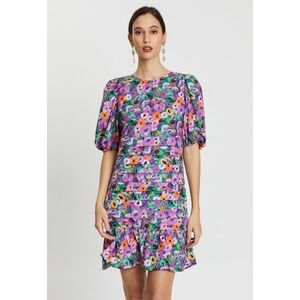 Never Fully Dressed Purple Floral Tiered Puff Sleeve Mini Dress Size US 6